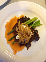 BBQ Braised Short Ribs With Parsnip and Sweet Potato Puree and Beluga Lentils