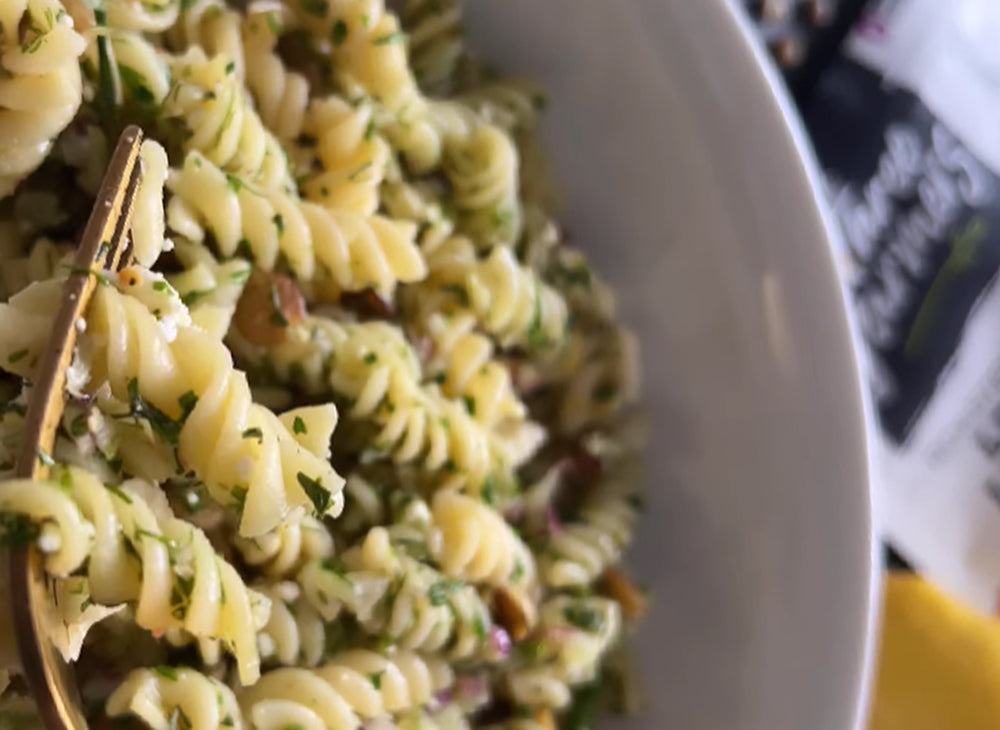 Lemon Garlic Pasta Salad with Garlic & Herb Lentil Topper